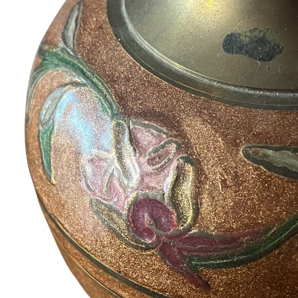 Vintage Solid Brass Cloisonne Floral Vase Heavy Enamel 6" Bronze Pink Green Boho - Picture 4 of 9